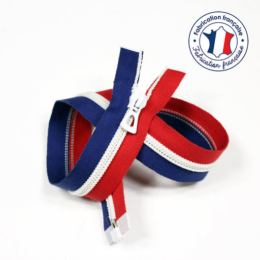 Fermeture à glissière séparable 55cm tricolore bleu blanc rouge - Fabrication française - TissusPapi.com