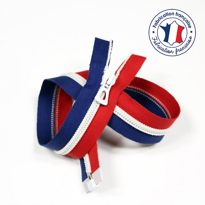 Fermeture à glissière séparable 55cm tricolore bleu blanc rouge - Fabrication française - TissusPapi.com
