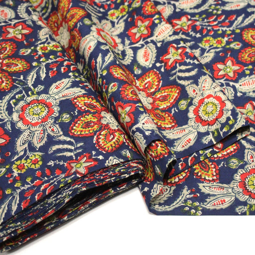 Tissu coton fin imprimé INDIENNES, fleuri rouge jaune écru, fond bleu – STANDARD 100 OEKO - TEX - TissusPapi.com