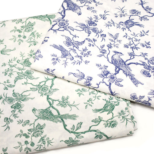 Tissu coton TOILE DE JOUY AUX MESANGES : bleu, vert - OEKO - TEX - TissusPapi.com