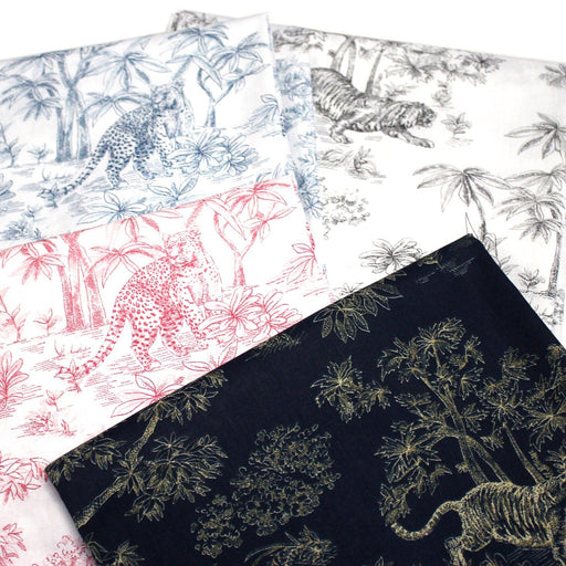 Tissu coton Toile de Jouy, tigres et forêt vierge : nuit & ocre, bleu, rose, gris - OEKO - TEX - TissusPapi.com