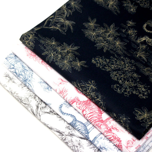 Tissu coton Toile de Jouy, tigres et forêt vierge : nuit & ocre, bleu, rose, gris - OEKO - TEX - TissusPapi.com