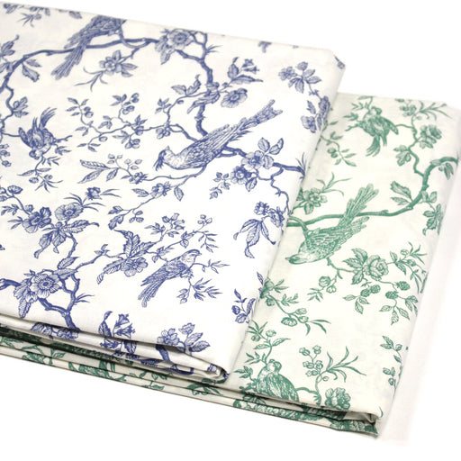 Tissu coton TOILE DE JOUY AUX MESANGES : bleu, vert - OEKO - TEX - TissusPapi.com
