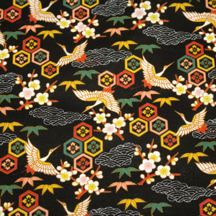 Tissu cotonnade NIGITA, motif japonais des grues : noir, bleu, rose, rouge - OEKO - TEX - TissusPapi.com