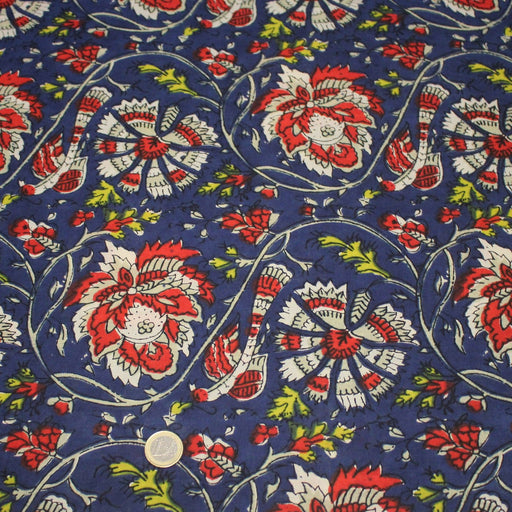 Tissu coton fin imprimé INDIENNES, bleu aux fleurs bleues et écrues – STANDARD 100 OEKO - TEX - TissusPapi.com