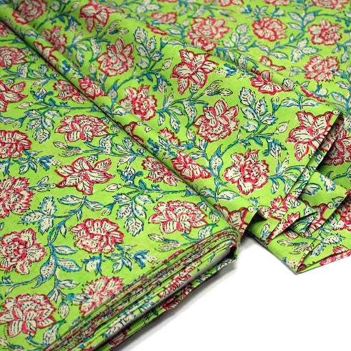 Tissu coton fin imprimé INDIENNES, vert aux fleurs roses, écrues et bleues – STANDARD 100 OEKO - TEX - TissusPapi.com