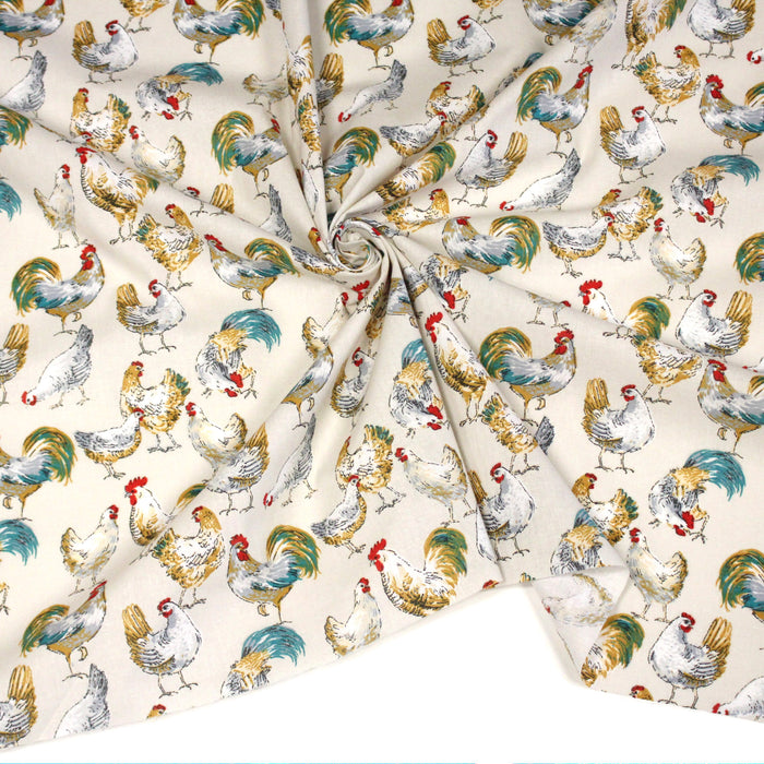Tissu coton POULES & COQS, écru, vert canard, ocre - OEKO - TEX STANDARD 100 - TissusPapi.com