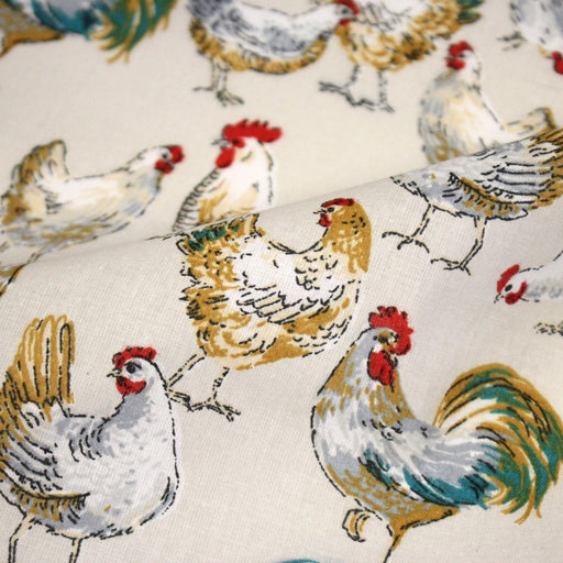 Tissu coton POULES & COQS, écru, vert canard, ocre - OEKO - TEX STANDARD 100 - TissusPapi.com