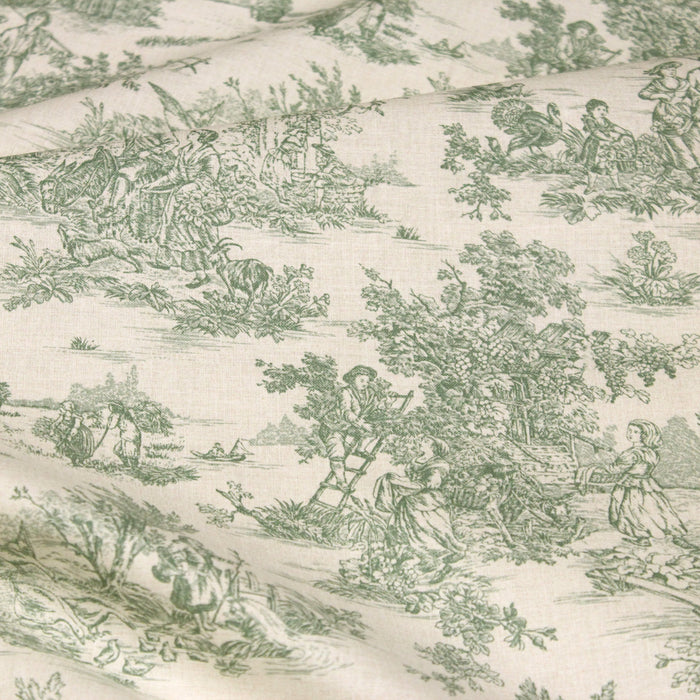 Tissu de coton toile de Jouy traditionnelle, fond lin naturel & motifs verts - OEKO-TEX