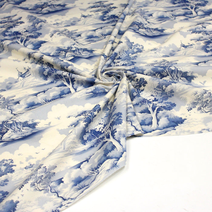Tissu de coton Toile de Jouy traditionnelle française bleue, fond écru - COLLECTION PAYSAGE DE SOLOGNE