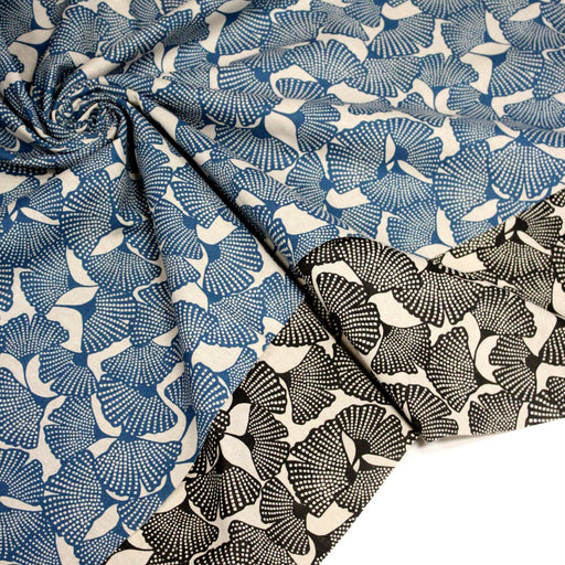 Tissu coton demi natté motif japonais GINKGO : BLEU ou NOIR - OEKO - TEX STANDARD 100 - TissusPapi.com