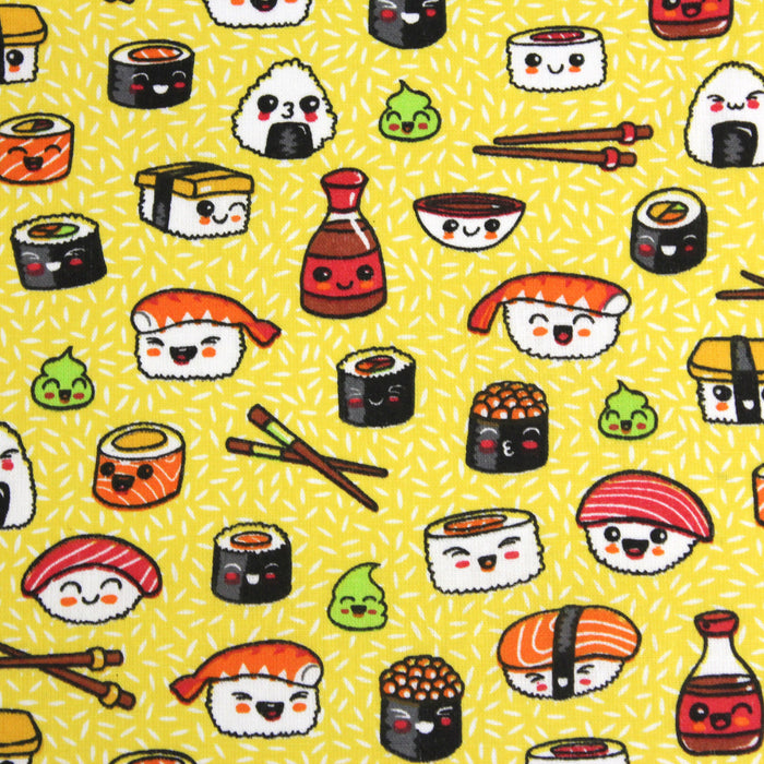 Tissu de coton japonais KAWAII aux jolis sushis et makis, fond jaune & blanc - Oeko-Tex