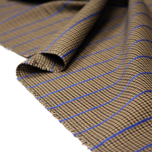 Tissu draperie Pied de poule marron noir et rayures bleu roi - Fabrication italienne - TissusPapi.com