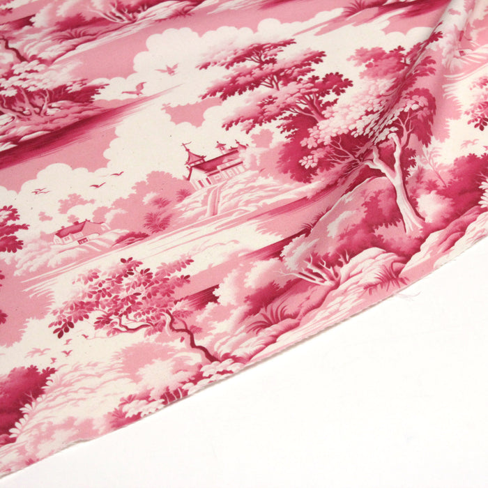 Tissu de coton Toile de Jouy traditionnelle française rose fuchsia, fond écru - COLLECTION PAYSAGE DE SOLOGNE