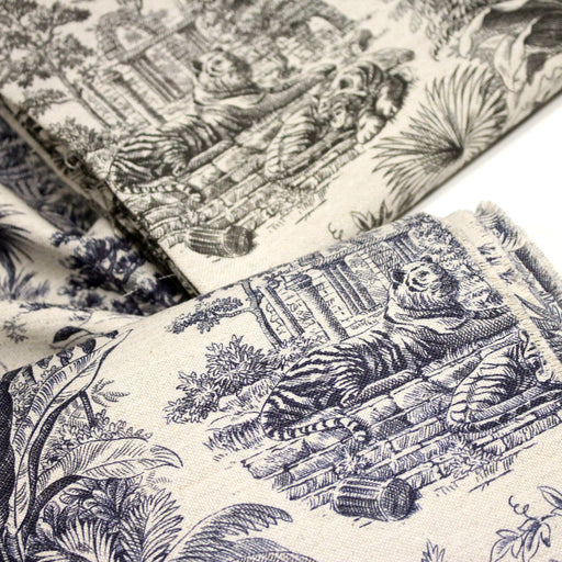 Tissu lin coton Toile de Jouy illustration indienne, maharaja, tigres et éléphants : bleu, rose, gris au choix - TissusPapi.com