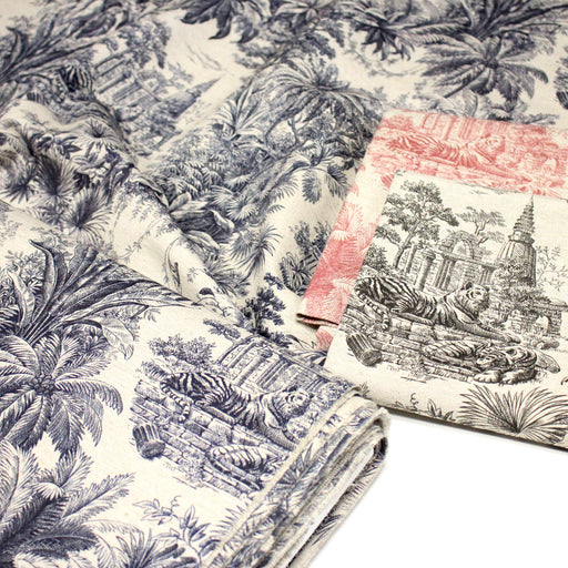 Tissu lin coton Toile de Jouy illustration indienne, maharaja, tigres et éléphants : bleu, rose, gris au choix - TissusPapi.com