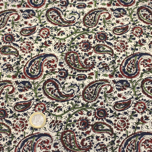 Tissu coton fin imprimé INDIENNES, écru motif cachemire bleu rouge vert – STANDARD 100 OEKO - TEX - TissusPapi.com