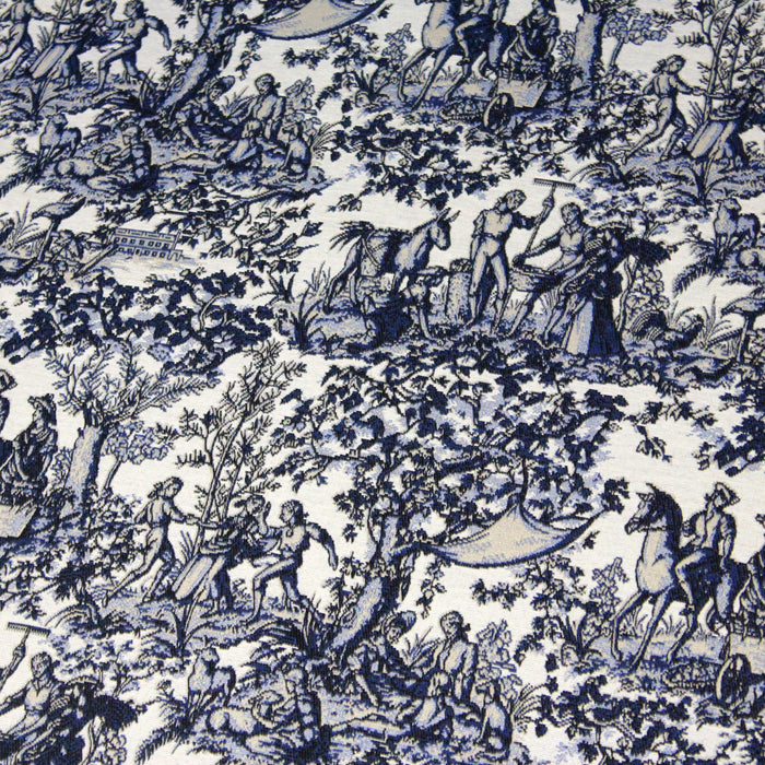 Tissu jacquard Toile de Jouy Campagne 18ème siècle, tons bleus, taupe et blancs - Grande largeur 280cm