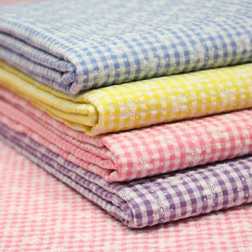 Tissu coton Seersucker VICHY carreaux & fines fleurs blanches : bleu, jaune, rose, violet - TissusPapi.com