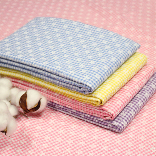 Tissu coton Seersucker VICHY carreaux & fines fleurs blanches : bleu, jaune, rose, violet - TissusPapi.com