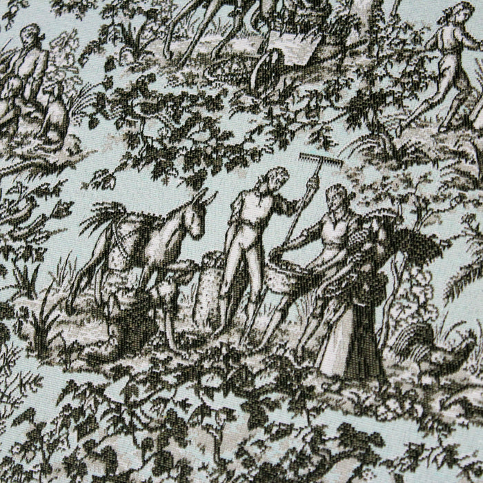 Tissu jacquard Toile de Jouy Campagne 18ème siècle, tons vert d'eau, taupe et blancs - Grande largeur 280cm