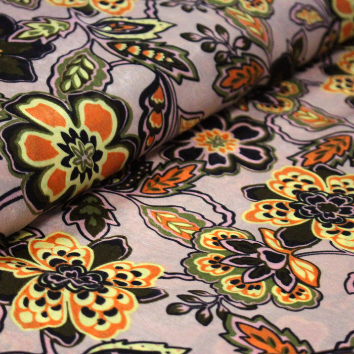 Tissu habillement satin velours, imprimé motif fleuri INDIENNES, nombreuses couleurs