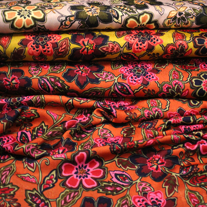Tissu habillement satin velours, imprimé motif fleuri INDIENNES, nombreuses couleurs