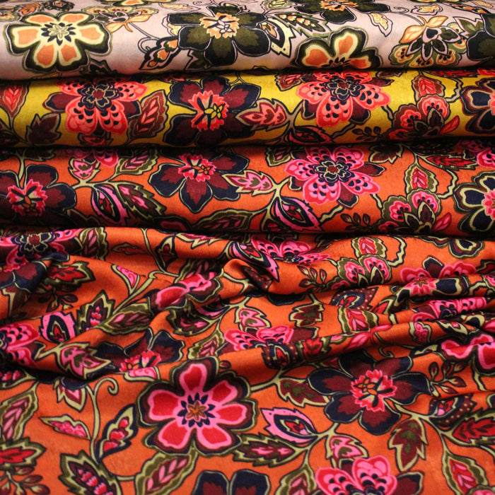 Tissu habillement satin velours, imprimé motif fleuri INDIENNES, nombreuses couleurs - TissusPapi.com