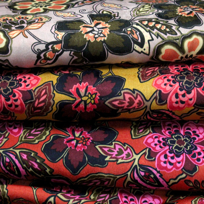 Tissu habillement satin velours, imprimé motif fleuri INDIENNES, nombreuses couleurs
