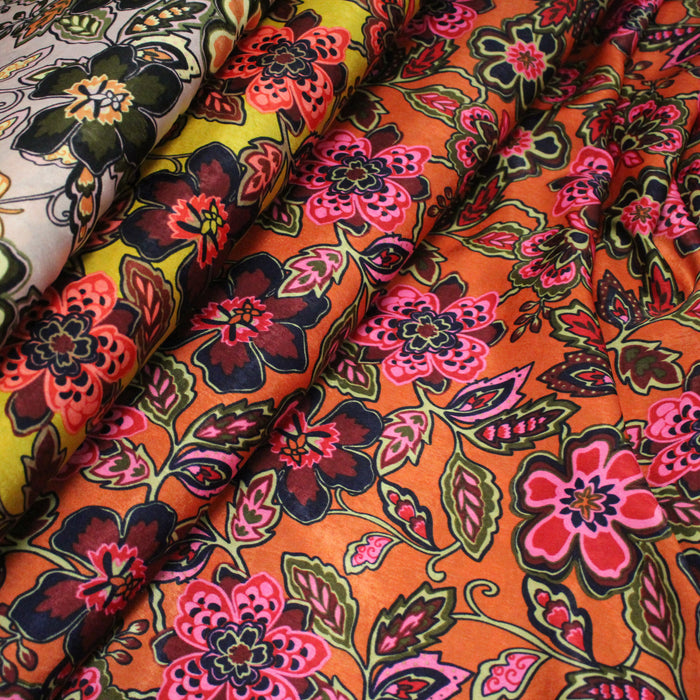 Tissu habillement satin velours, imprimé motif fleuri INDIENNES, nombreuses couleurs