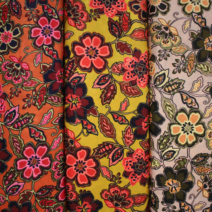 Tissu habillement satin velours, imprimé motif fleuri INDIENNES, nombreuses couleurs