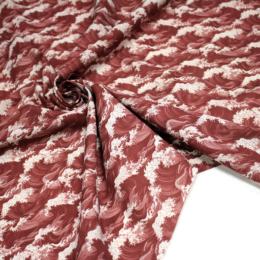 Tissu cotonnade motif de la vague d’HOKUSAI, rouge & écru - TissusPapi.com