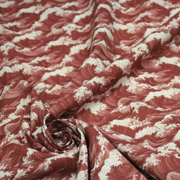 Tissu cotonnade motif de la vague d’HOKUSAI, rouge & écru - TissusPapi.com