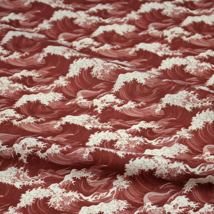 Tissu cotonnade motif de la vague d’HOKUSAI, rouge & écru - TissusPapi.com