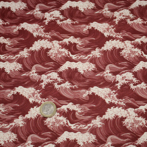 Tissu cotonnade motif de la vague d’HOKUSAI, rouge & écru - TissusPapi.com