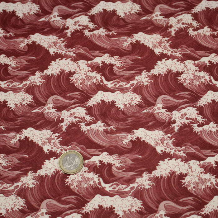 Tissu cotonnade motif de la vague d’HOKUSAI, rouge & écru - TissusPapi.com
