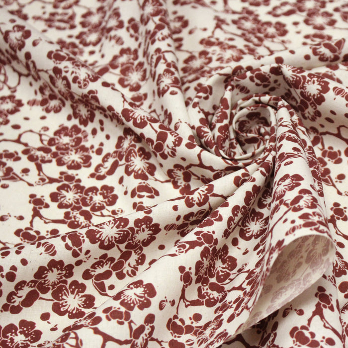Tissu cotonnade motif japonais HANA aux fleurs de cerisier, tons écrus et rouges - TissusPapi.com