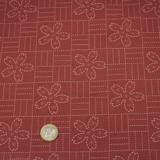 Tissu cotonnade motif japonais SASHIKO – tons rouge & écrus - TissusPapi.com
