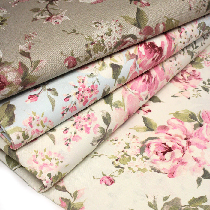 Tissu motif britannique aux grandes fleurs roses : lin, bleu, écru - COLLECTION BRIGHTON - TissusPapi.com