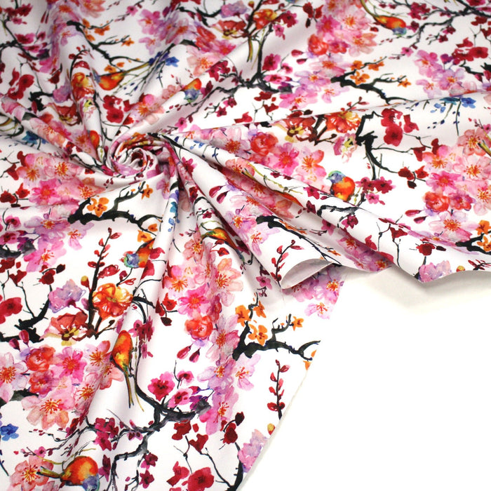Tissu gabardine coton imprimée GUNMA jardin japonais, oiseaux et fleurs de cerisier - OEKO - TEX - TissusPapi.com