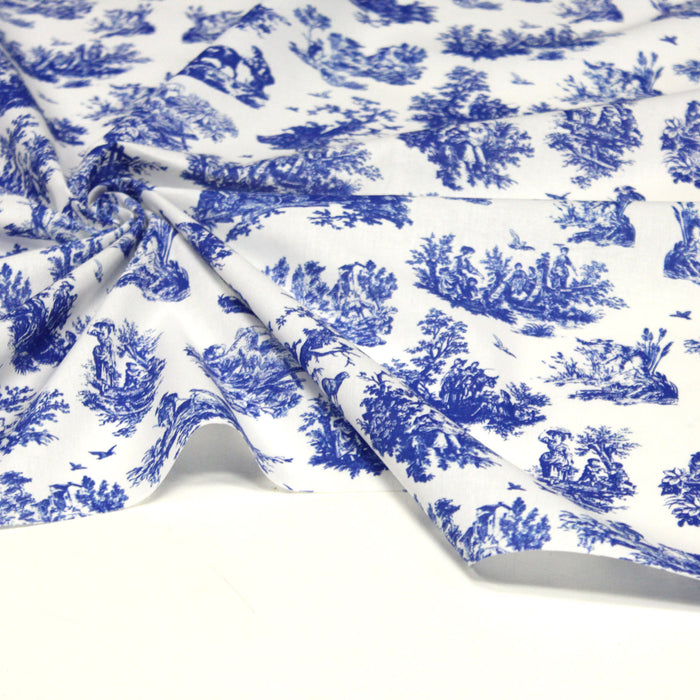 Tissu popeline de coton OBER - Toile de Jouy traditionnelle, fond blanc & motif bleu roi