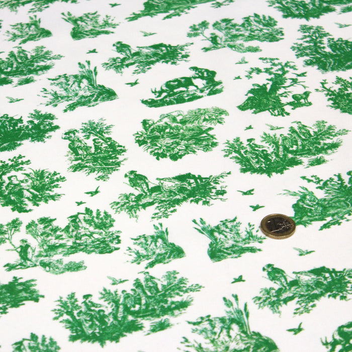 Tissu popeline de coton OBER - Toile de Jouy traditionnelle, fond blanc & vert prairie
