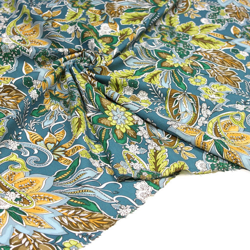 Tissu popeline de viscose aux fleurs et motifs cachemire, tons bleus et verts - Fabrication française - COLLECTION KALAMKARI - OEKO - TEX - TissusPapi.com