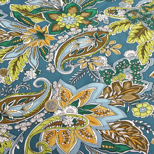 Tissu popeline de viscose aux fleurs et motifs cachemire, tons bleus et verts - Fabrication française - COLLECTION KALAMKARI - OEKO - TEX - TissusPapi.com