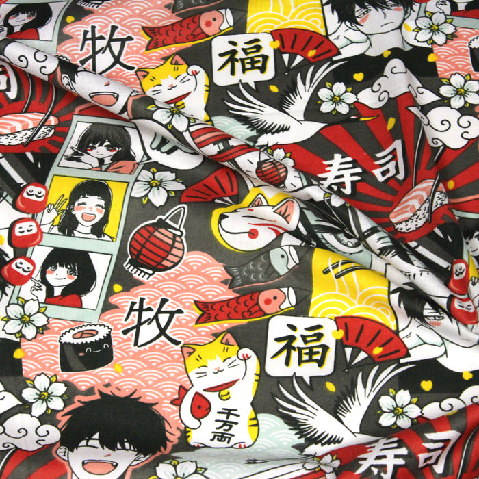 Tissu de coton aux illustrations de la culture japonaise, aux tons bordeaux, jaunes, gris et roses - OEKO-TEX®
