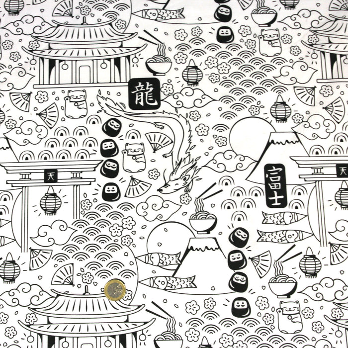 Tissu de coton aux illustrations japonaises noir et blanc - tissu à colorier - OEKO-TEX®