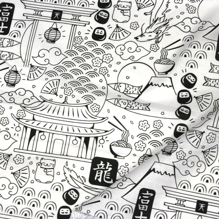 Tissu de coton aux illustrations japonaises noir et blanc - tissu à colorier - OEKO-TEX®