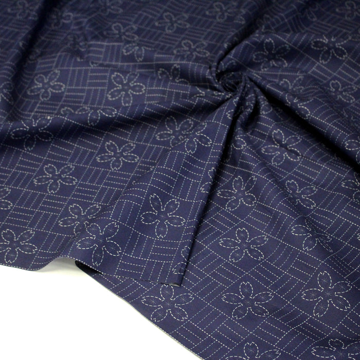 Tissu cotonnade motif japonais SASHIKO tons bleus & écrus - TissusPapi.com