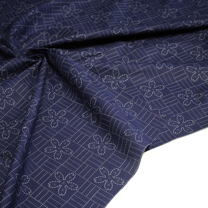 Tissu cotonnade motif japonais SASHIKO tons bleus & écrus - TissusPapi.com