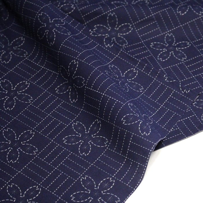 Tissu cotonnade motif japonais SASHIKO tons bleus & écrus - TissusPapi.com